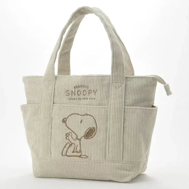 MINISO Disney New Series Cute Snoopy Corduroy Tote Bag – Casual Large-Capacity Handbag with Zipper Shoulder Strap