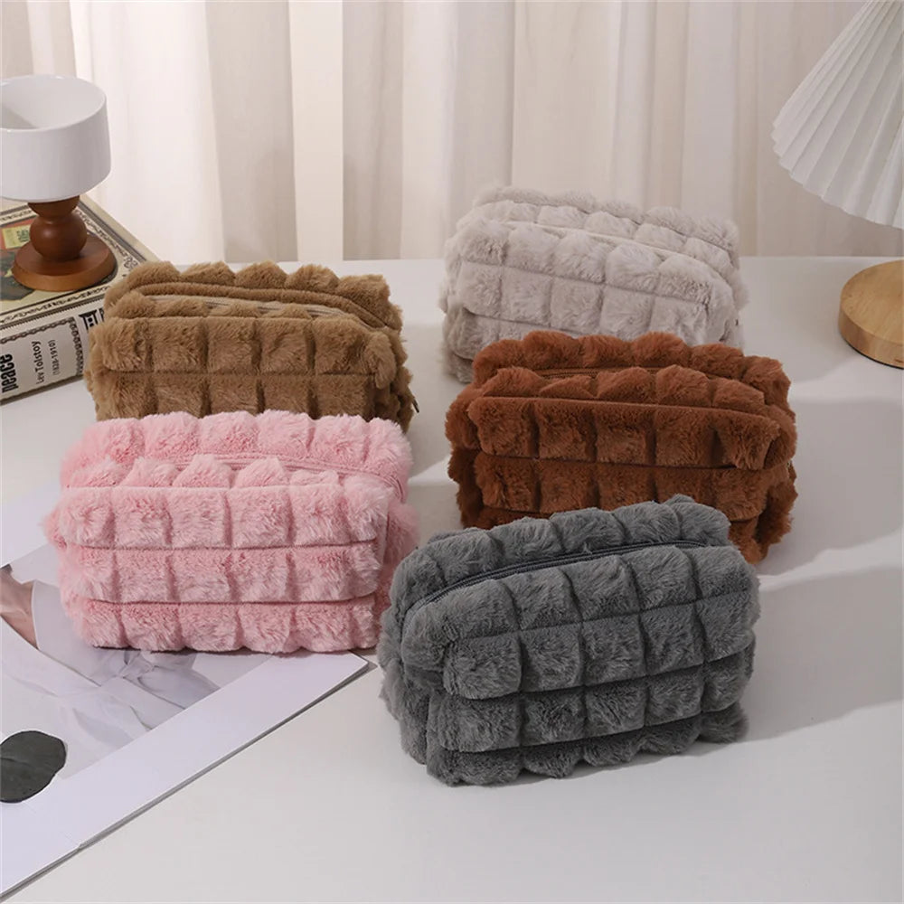 Quilted Plush Makeup Bag – Soft, Elegant, and Stylish Cosmetic Pouch for Everyday Use and Travel