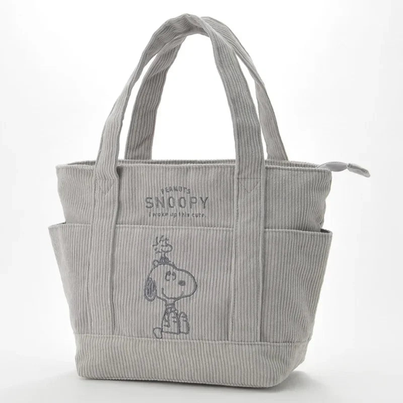 MINISO Disney New Series Cute Snoopy Corduroy Tote Bag – Casual Large-Capacity Handbag with Zipper Shoulder Strap