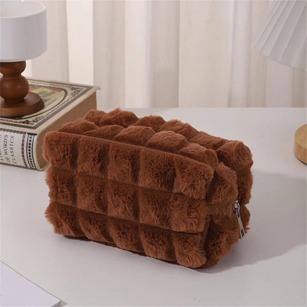 Quilted Plush Makeup Bag – Soft, Elegant, and Stylish Cosmetic Pouch for Everyday Use and Travel