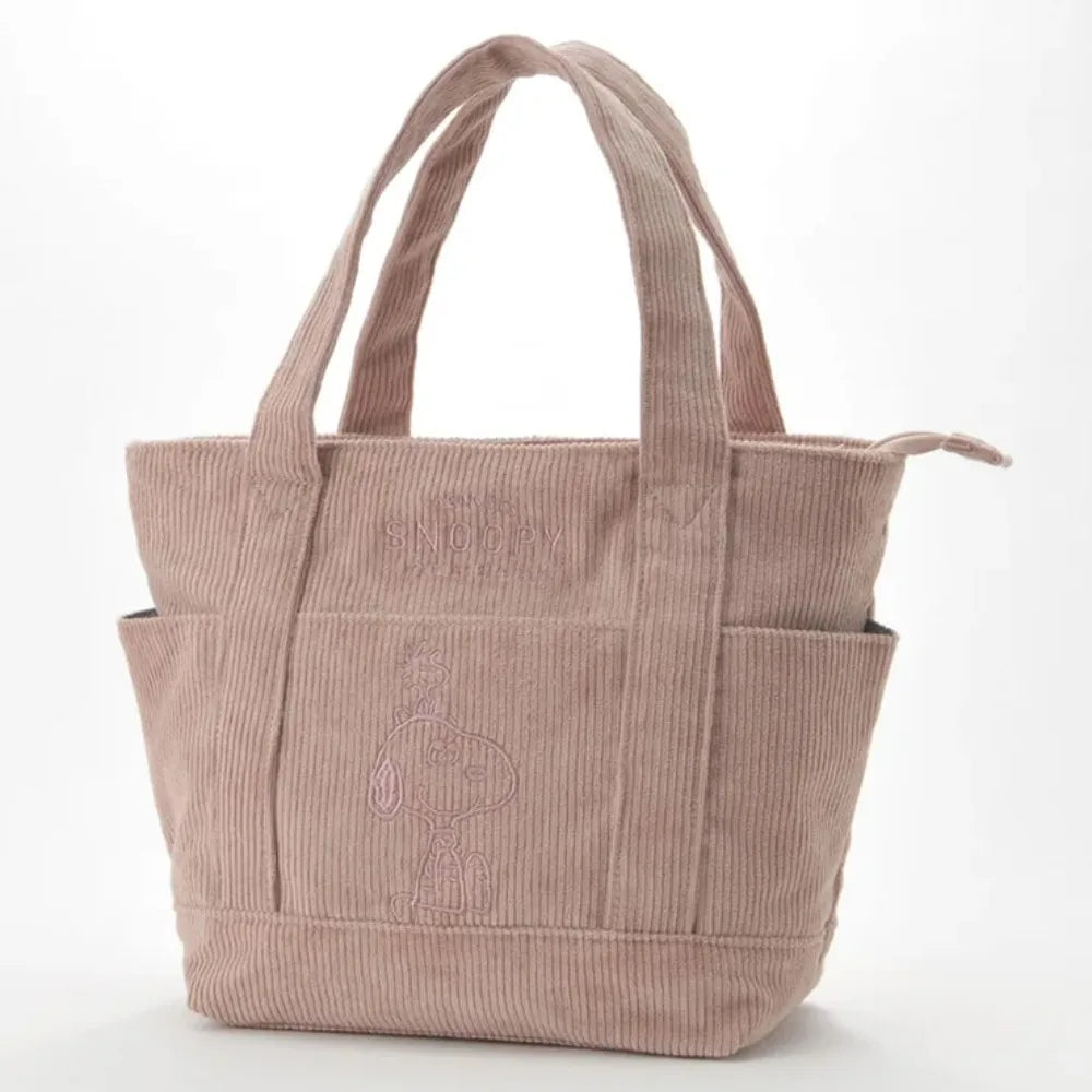 MINISO Disney New Series Cute Snoopy Corduroy Tote Bag – Casual Large-Capacity Handbag with Zipper Shoulder Strap
