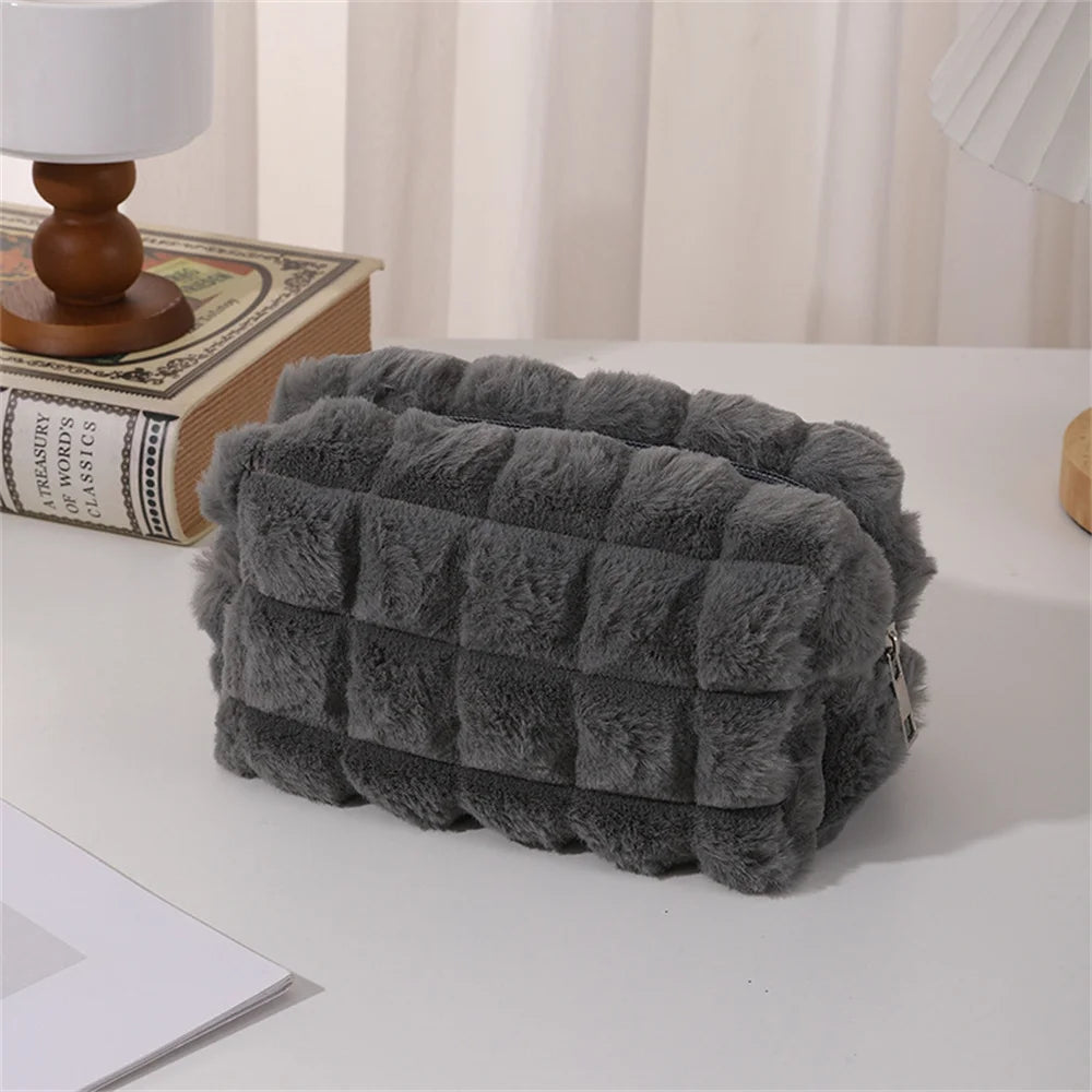 Quilted Plush Makeup Bag – Soft, Elegant, and Stylish Cosmetic Pouch for Everyday Use and Travel
