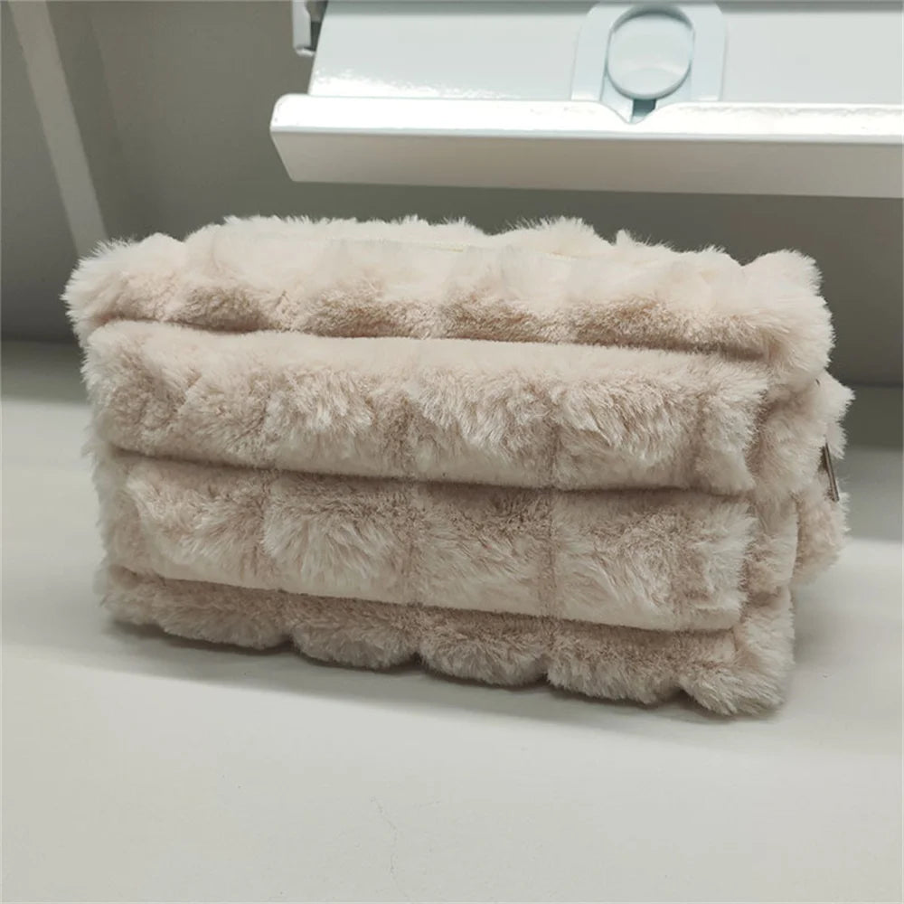 Quilted Plush Makeup Bag – Soft, Elegant, and Stylish Cosmetic Pouch for Everyday Use and Travel