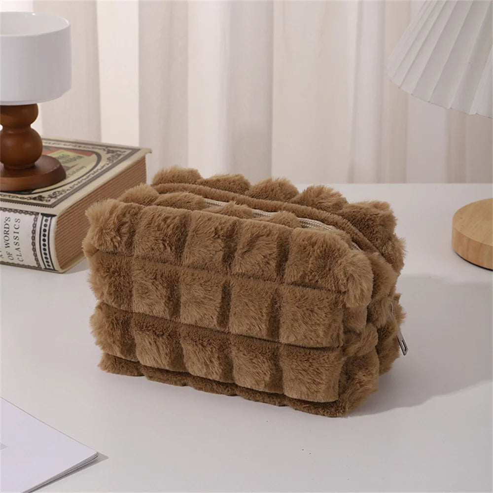 Quilted Plush Makeup Bag – Soft, Elegant, and Stylish Cosmetic Pouch for Everyday Use and Travel