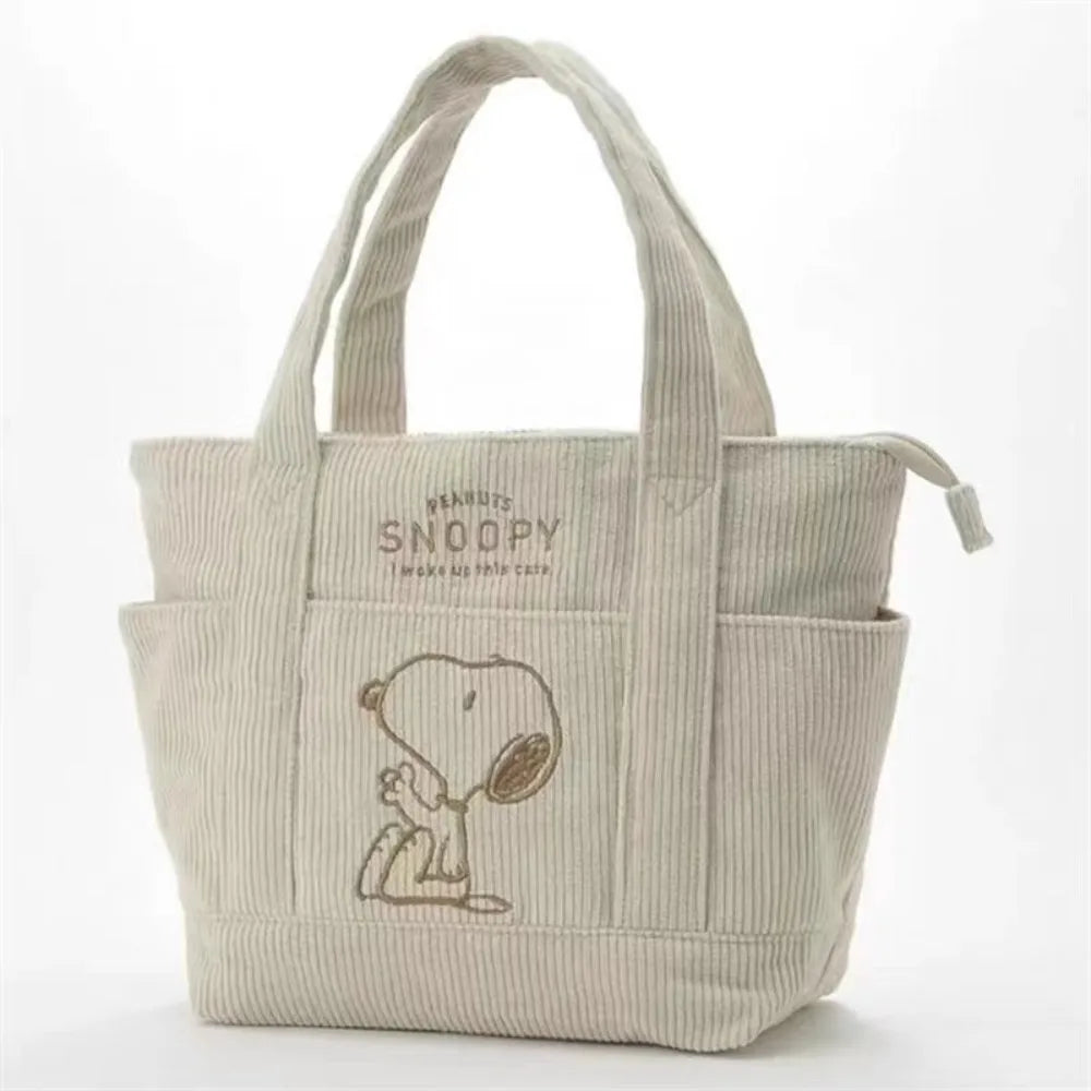 MINISO Disney New Series Cute Snoopy Corduroy Tote Bag – Casual Large-Capacity Handbag with Zipper Shoulder Strap