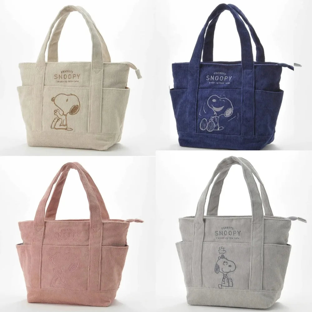 MINISO Disney New Series Cute Snoopy Corduroy Tote Bag – Casual Large-Capacity Handbag with Zipper Shoulder Strap