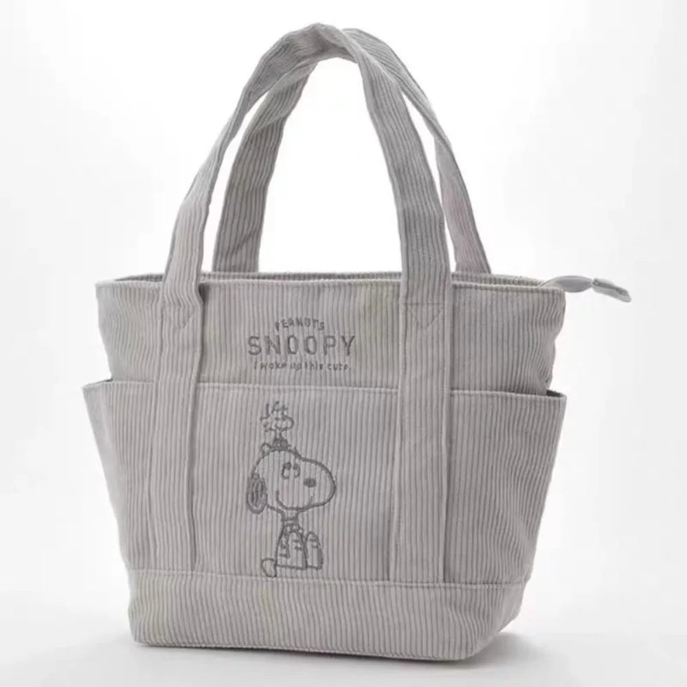 MINISO Disney New Series Cute Snoopy Corduroy Tote Bag – Casual Large-Capacity Handbag with Zipper Shoulder Strap