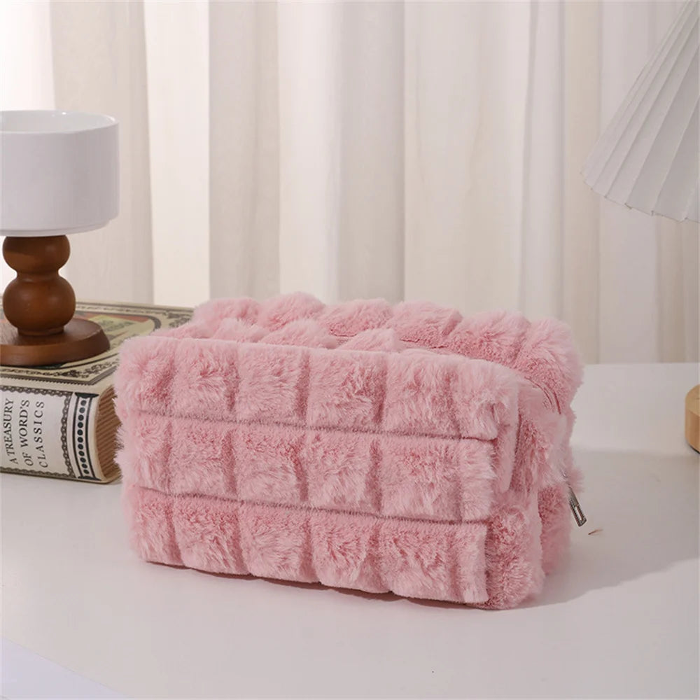 Quilted Plush Makeup Bag – Soft, Elegant, and Stylish Cosmetic Pouch for Everyday Use and Travel