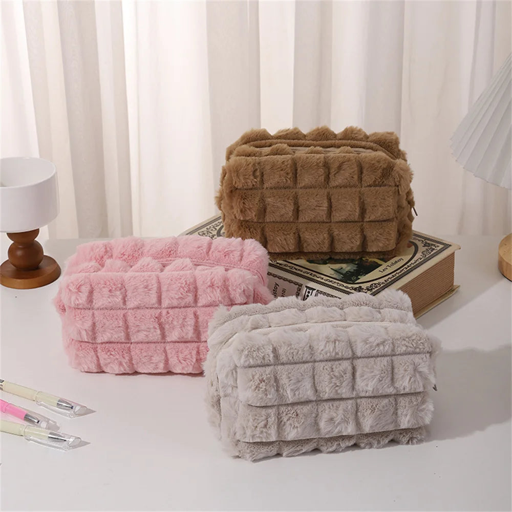Quilted Plush Makeup Bag – Soft, Elegant, and Stylish Cosmetic Pouch for Everyday Use and Travel