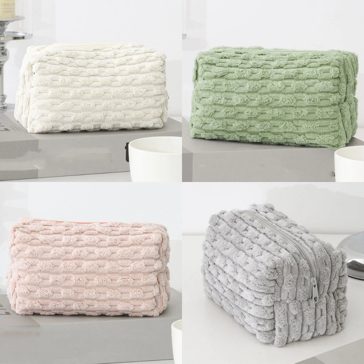 Plush Makeup Bag with Chain – Large Portable Cosmetic Pouch, Chic Toiletry Bag for Women