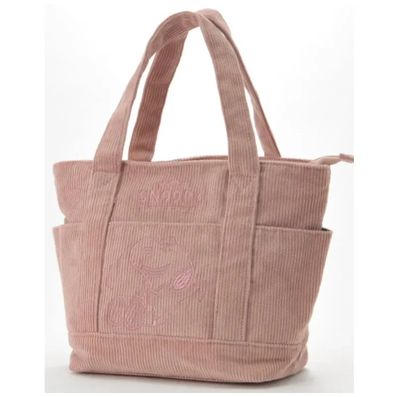 MINISO Disney New Series Cute Snoopy Corduroy Tote Bag – Casual Large-Capacity Handbag with Zipper Shoulder Strap