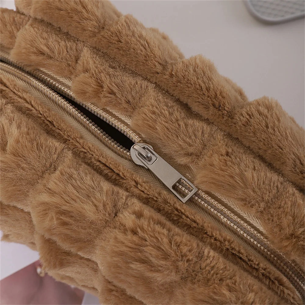 Quilted Plush Makeup Bag – Soft, Elegant, and Stylish Cosmetic Pouch for Everyday Use and Travel